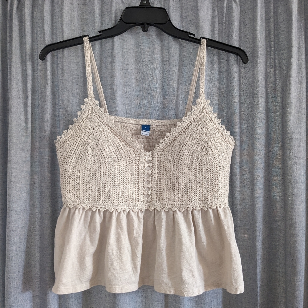 Old Navy Tank Top Women's L Sleeveless Crochet Grandmacore Festival Tan Hippie